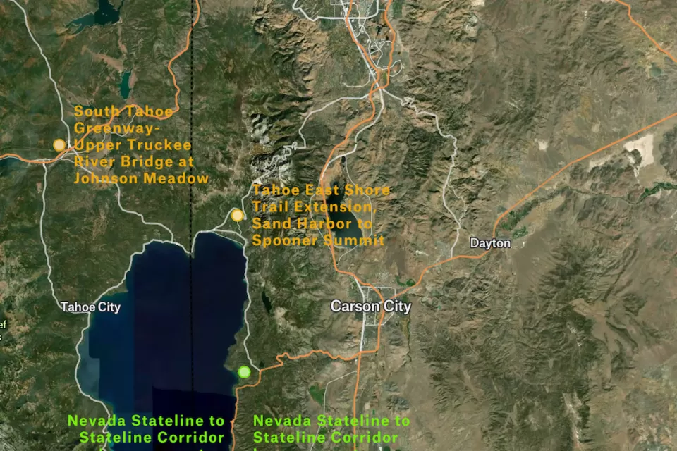 Satellite map of Lake Tahoe area indicating upcoming bikeway projects